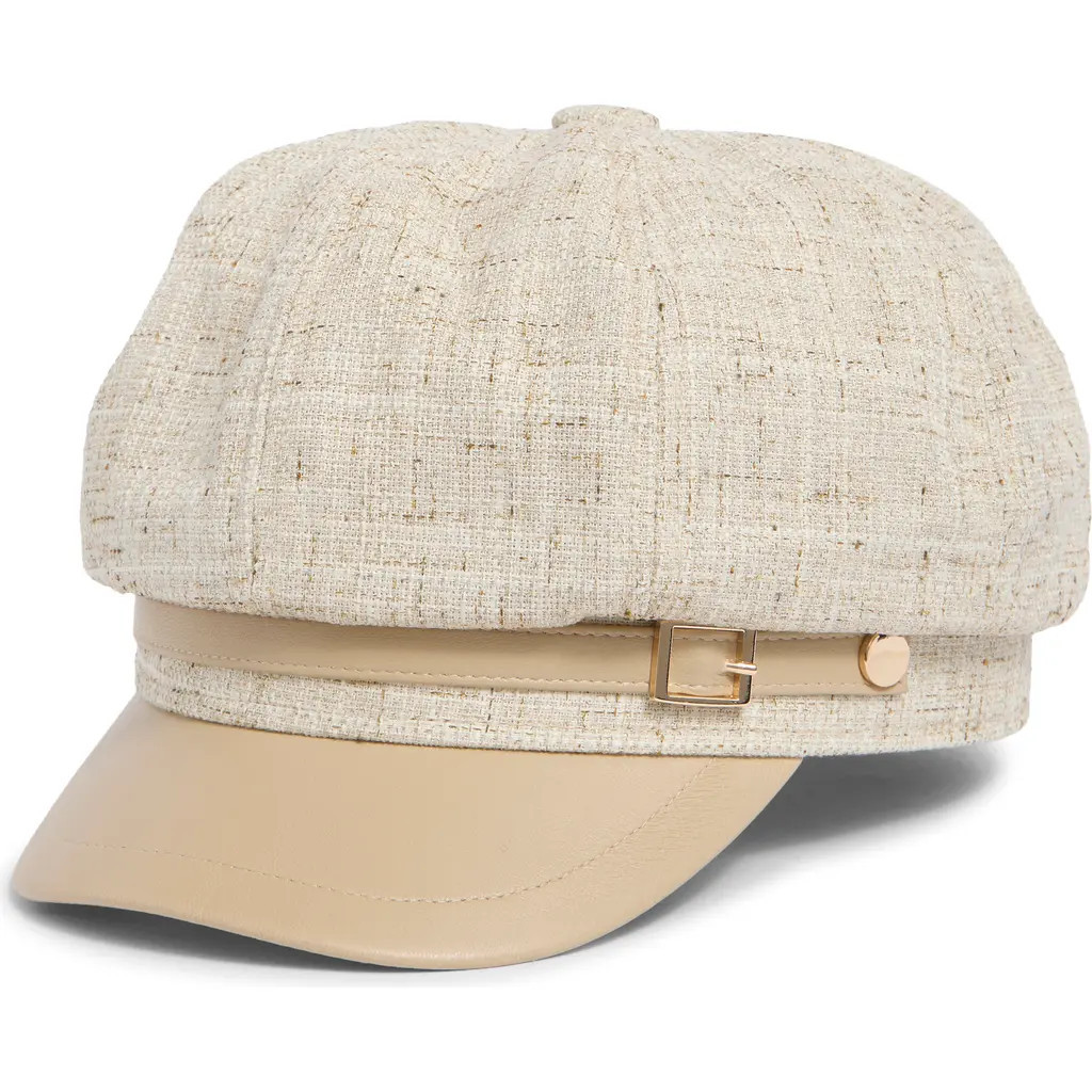 Vince Camuto Tweed & Faux Leather Newsboy Cap in Natural at Nordstrom Rack | Nordstrom Rack