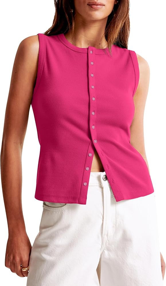 Cioatin Women Ribbed Button Down Tank Tops Sleeveless Crew Neck Slim Fit Open Front Crop Vest Goi... | Amazon (US)