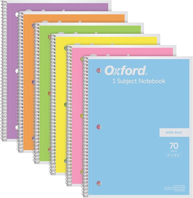 Oxford Spiral Notebook 6 Pack, 1 Subject, Wide Ruled Paper, 8 x 10-1/2 Inch, Pastel Pink, Orange,... | Amazon (US)