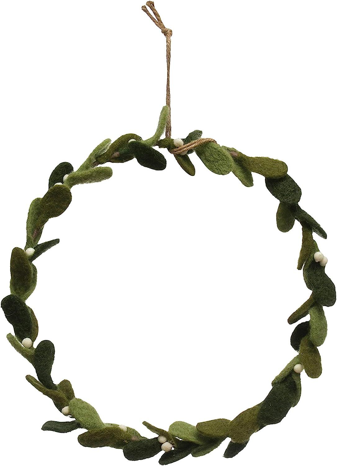 Creative Co-Op Wool Felt Mistletoe Wreath Ornament, Green | Amazon (US)