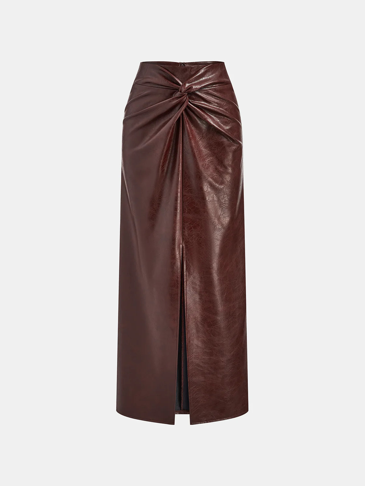 Knot Detail Slit Faux Leather Midi Skirt | Commense