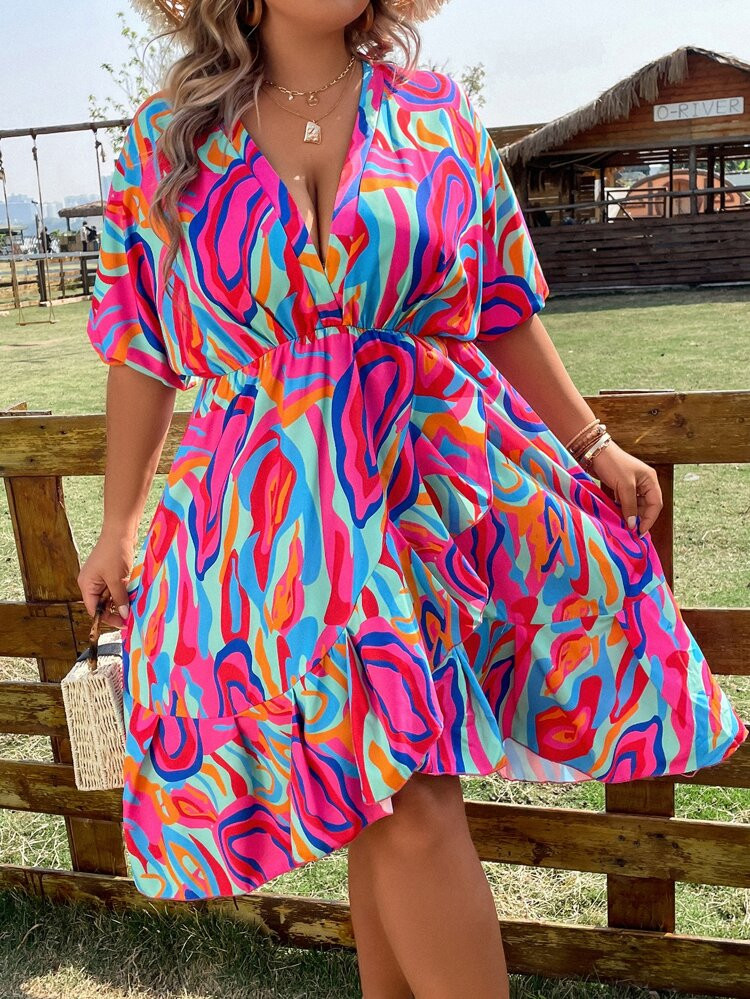 SHEIN VCAY Plus Allover Print Batwing Sleeve Ruffle Hem Dress | SHEIN