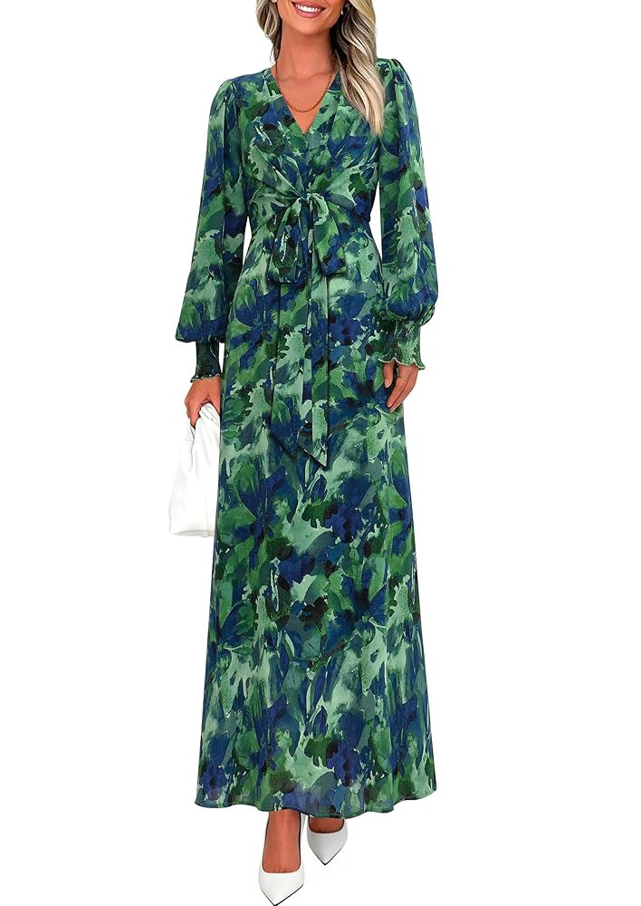 PRETTYGARDEN Women's 2025 Fall Boho Maxi Dress Floral Long Sleeve V Neck Flowy Belted Elegant Hol... | Amazon (US)