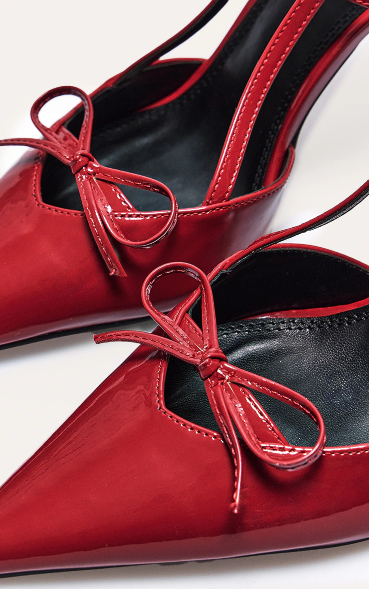 Red Patent PU Point Toe Bow Detail Mid Heel Courts | PrettyLittleThing UK