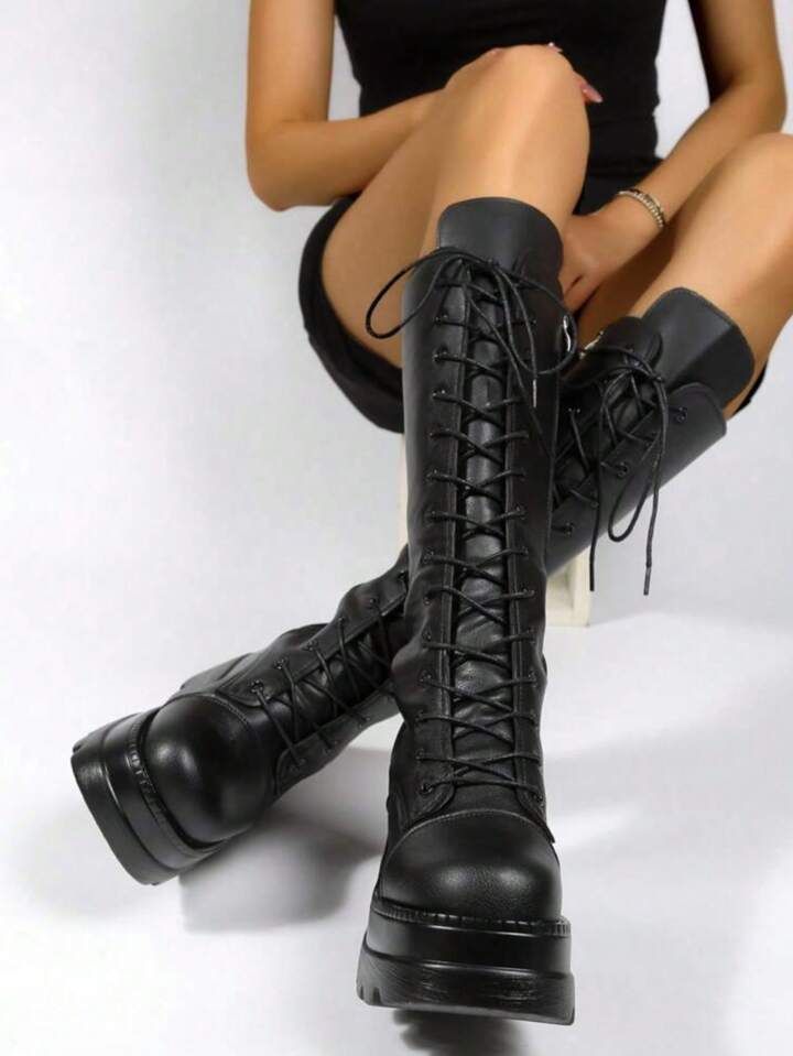 Grunge Punk Women Lace-up Front Round Toe Wedge Boots, Cool Outdoor Fashion Boots | SHEIN