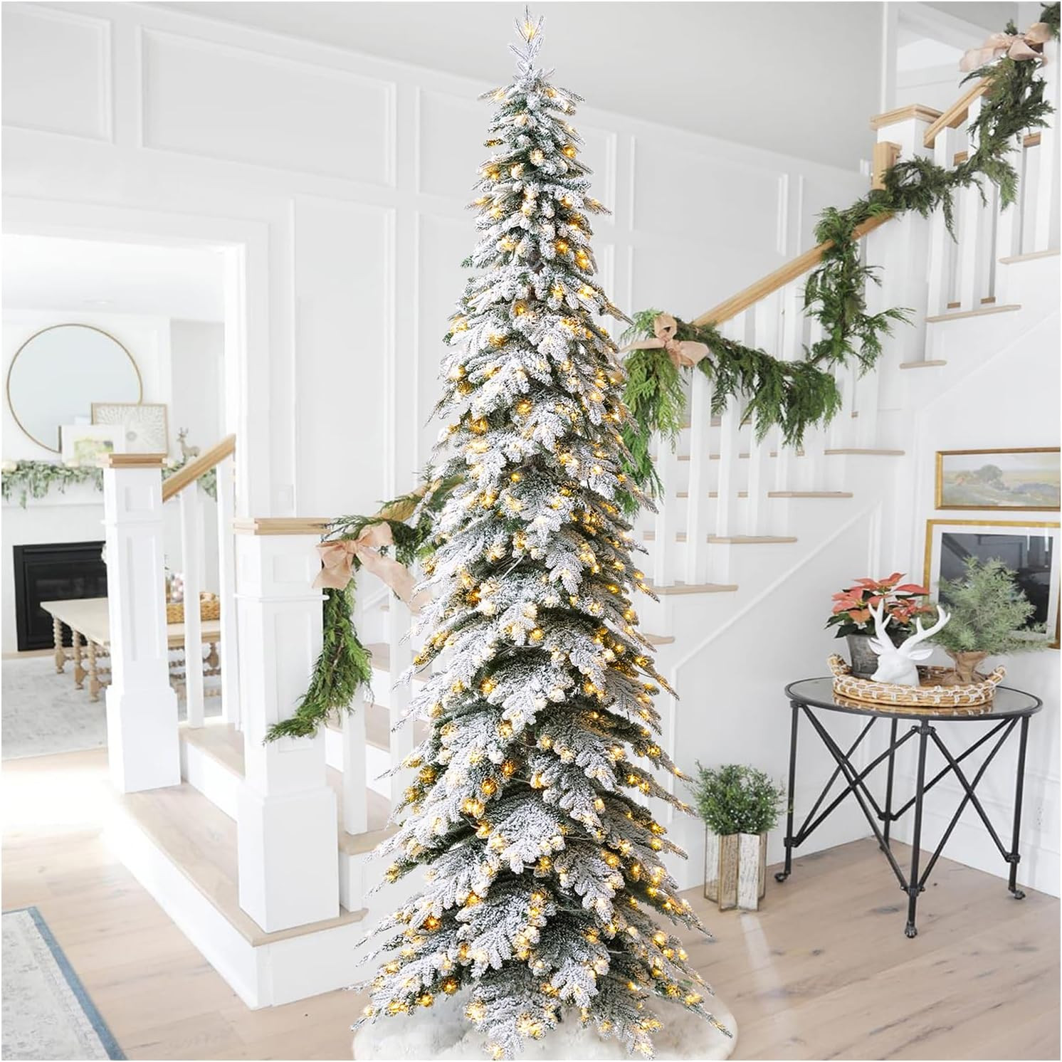 Glitzhome 11ft Pre-Lit Flocked Pencil Spruce Artificial Christmas Tree with 700 Warm White Lights, Large Xmas Chicago Frostwood Spruce Tree for Holiday Decorations | Amazon (US)