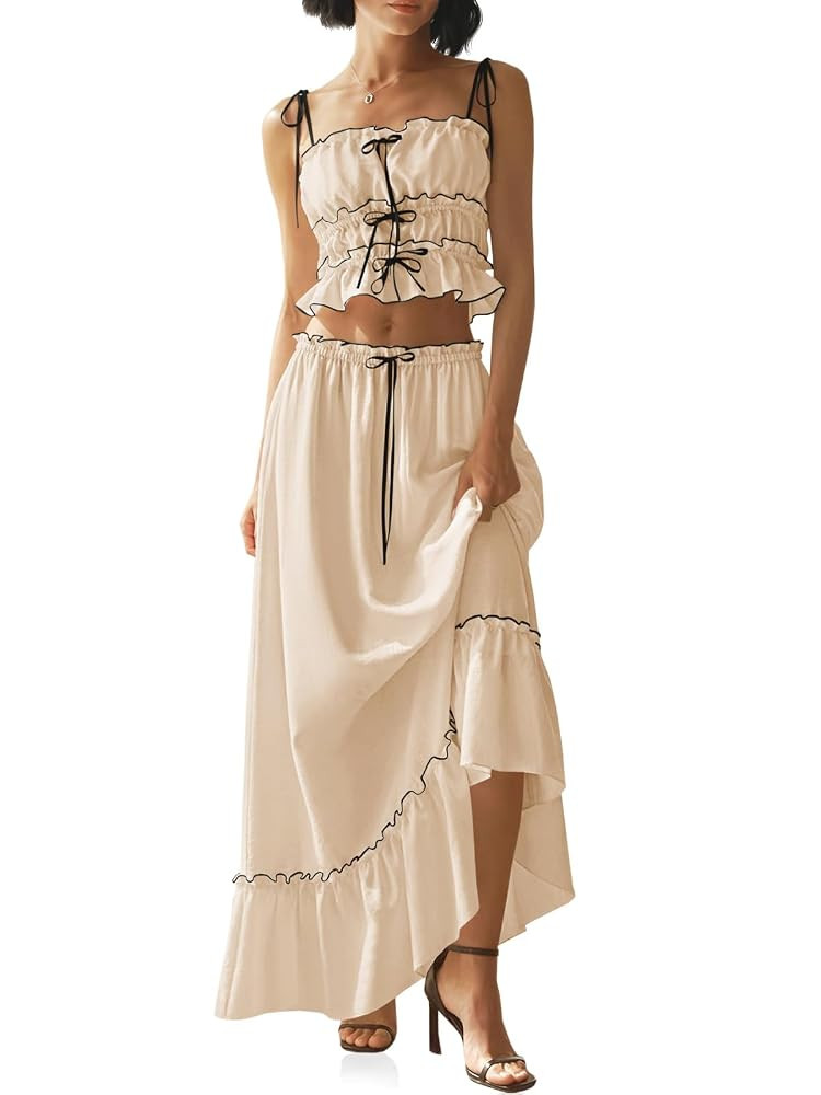 Wenrine Women's Summer 2 Piece Skirt Sets Casual Spaghetti Straps Cropped Cami Ruffle Maxi Skirt ... | Amazon (US)