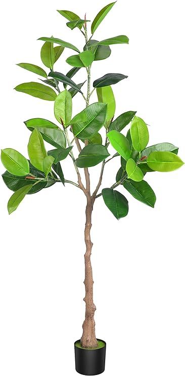 Aphighjoy Fake Plant Rubber Tree Artificial - Faux Potted Tropical Burgundy Ficus Elastica Tree L... | Amazon (US)