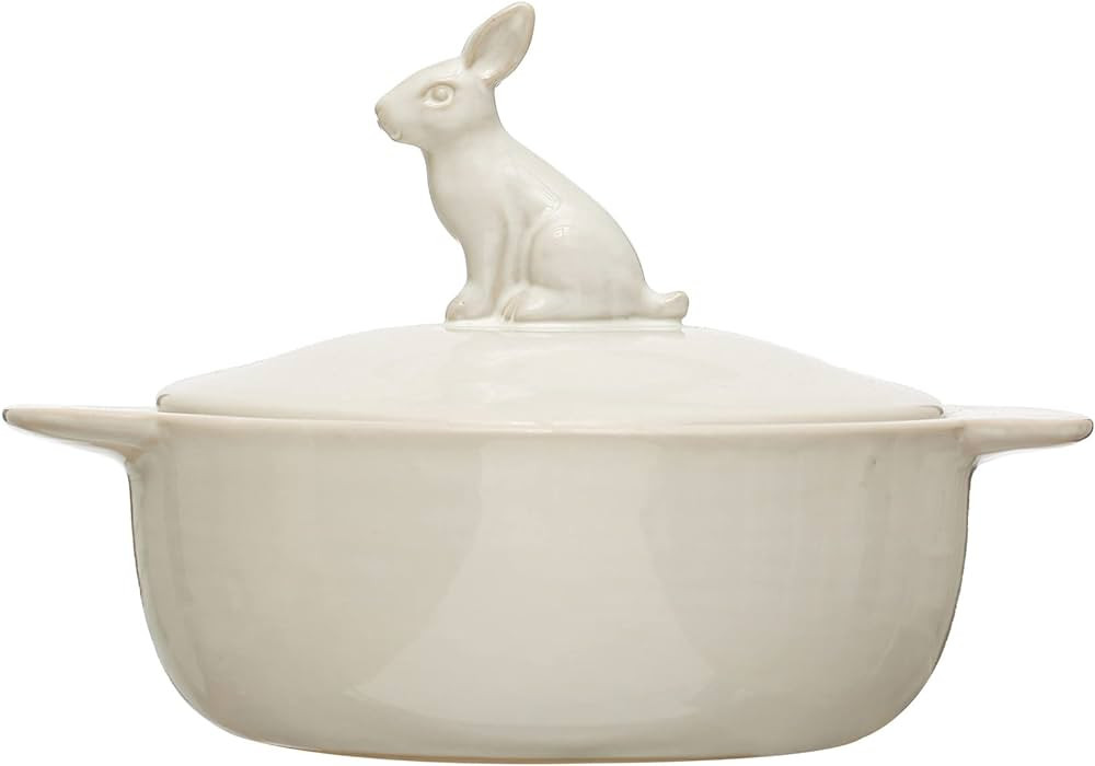 Creative Co-Op Stoneware Bake Pan with Lid and Decorative Rabbit, White Baker | Amazon (US)