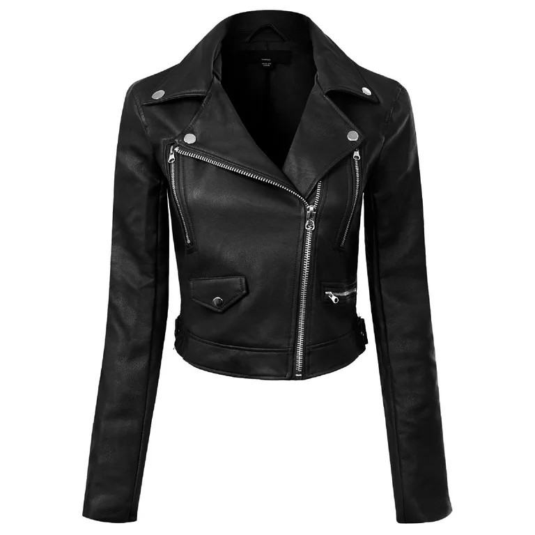 Made by Olivia Women's Long Sleeve Zipper Closure Moto Biker Faux Leather Jacket | Walmart (US)