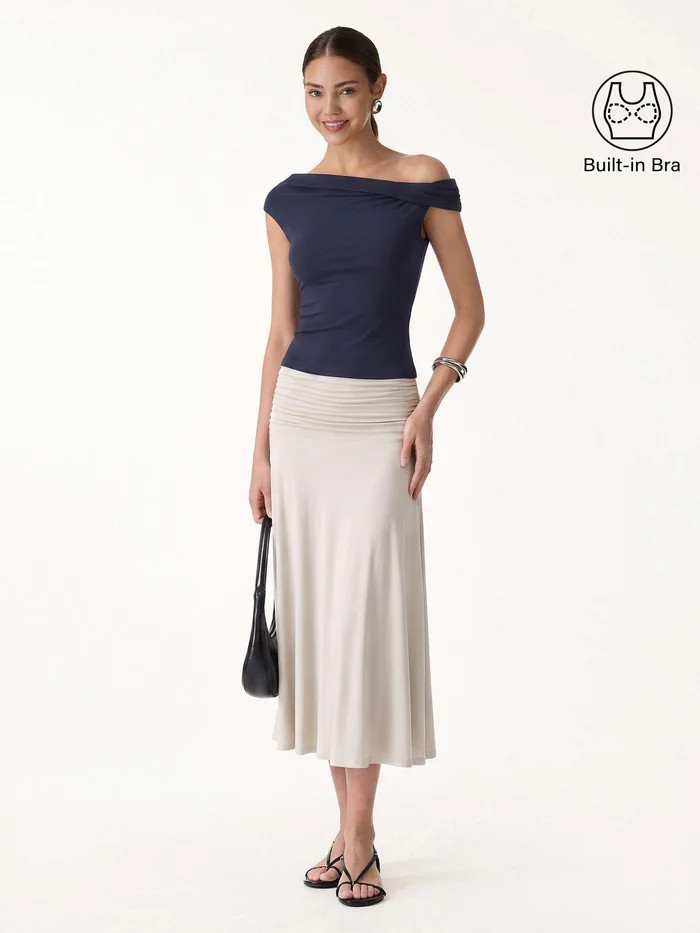 2Pcs Set Multi-wear Bra Top & Side Ruched A-line Midi Skirt | OGLmove