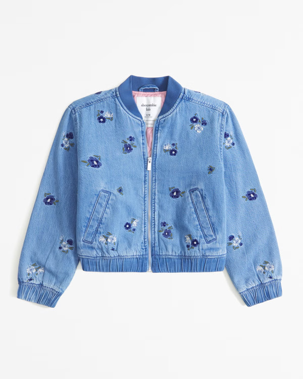 girls embroidered denim bomber jacket | girls | Abercrombie.com | Abercrombie & Fitch (US)