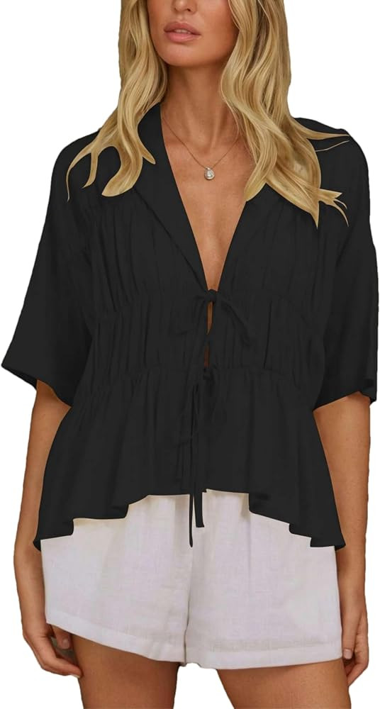 Mingzhu Women's Linen Plus Size Bow Tie Front Peplum Blouse Short Sleeve Deep V Neck Pleated Baby... | Amazon (US)