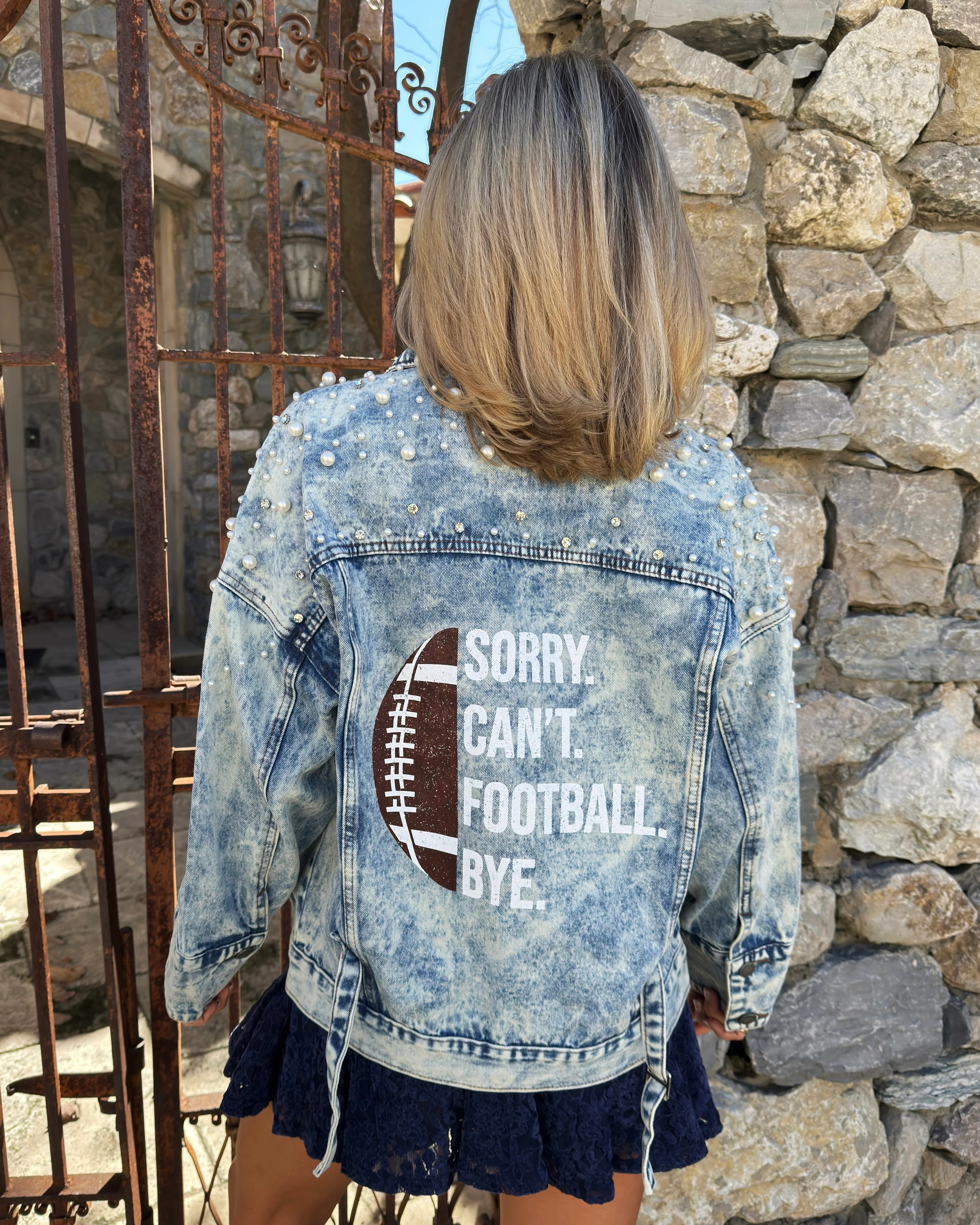Pearl “Sorry. Can’t. Football. Bye.” Denim Jacket | Live Love Gameday®