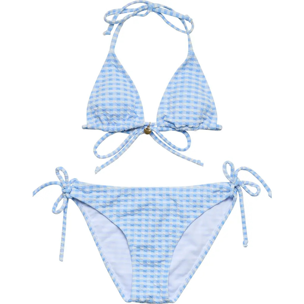 Snapper Rock Kids' Seaside Gingham Triangle Two-Piece Swimsuit in Blue at Nordstrom, Size 14Y | Nordstrom
