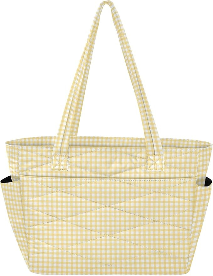 Burbuja Yellow Gingham Tote Bag for Women, Puffy Tote Bag with Pockets Lightweight Quilted Laptop... | Amazon (US)