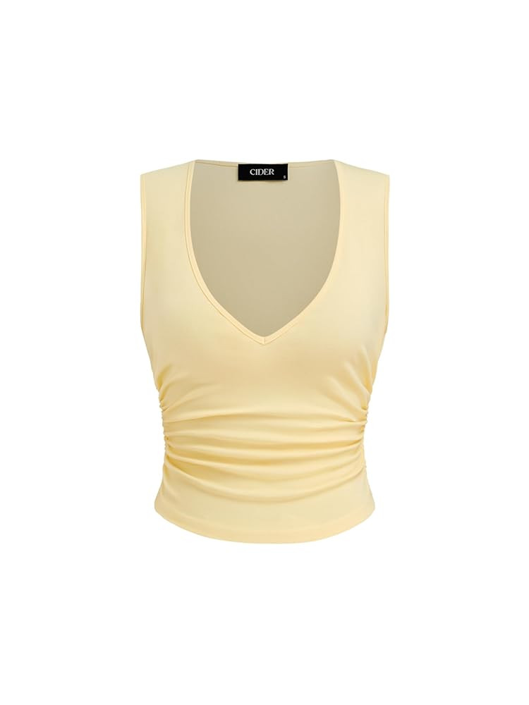 CIDER Tank Tops for Women V Neck Ruched Sleeveless Top Basic Going Out Cotton Blend Slim Fit Top | Amazon (US)