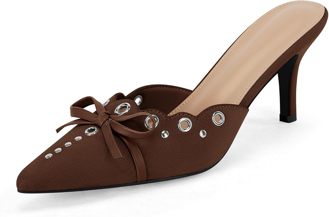 Coutgo Women's Bow Tie Mule Heels Pointed Toe Studded Backless Stilettos Slip On Dress Pump Shoes | Amazon (US)