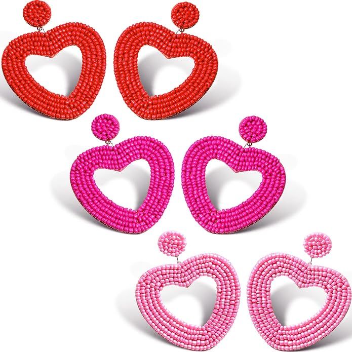 3 Pairs Heart Earrings Valentine's Beaded Earrings Pink Rose Red Heart Shaped Earrings Valentines... | Amazon (US)
