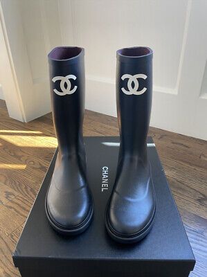 Auth BNIB Chanel Rubber Black Rain Boots White CC Logo High Pull On Size 38 | eBay US