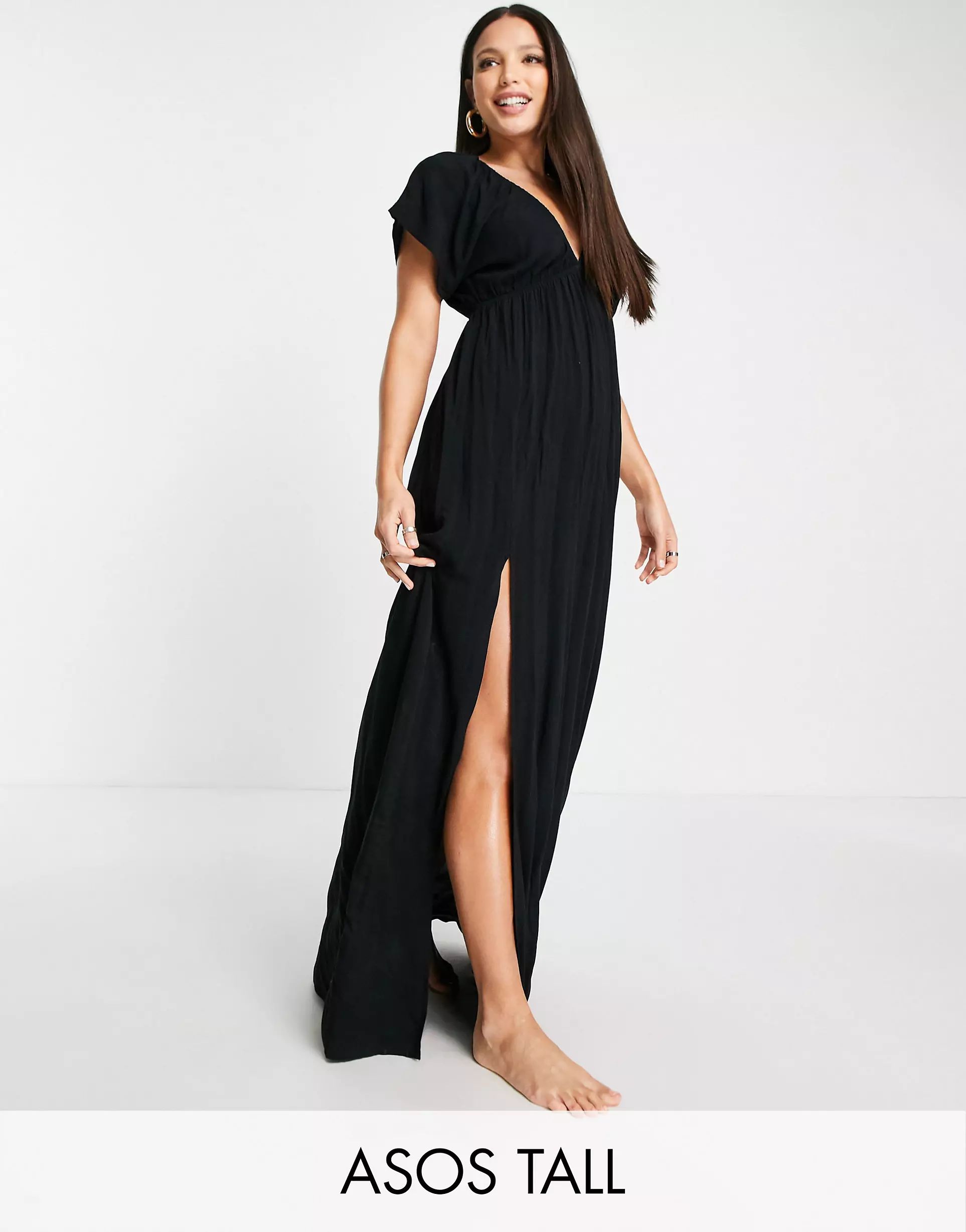 ASOS DESIGN Tall flutter sleeve maxi beach dress in black | ASOS (Global)