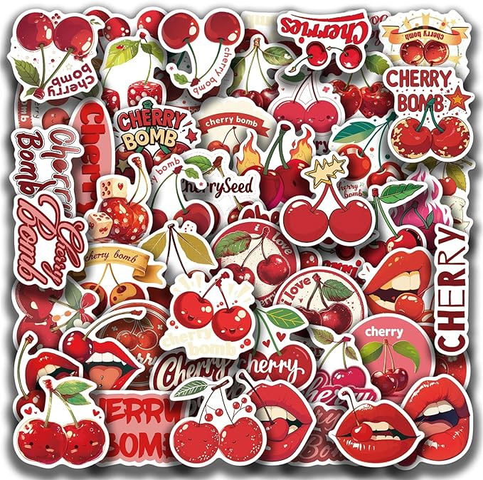 Cherry Stickers, 50 Pcs Cute Fruit Decals, Cherry Bomb Stickers for Kids, Red Aesthetic Vinyl Wat... | Amazon (US)