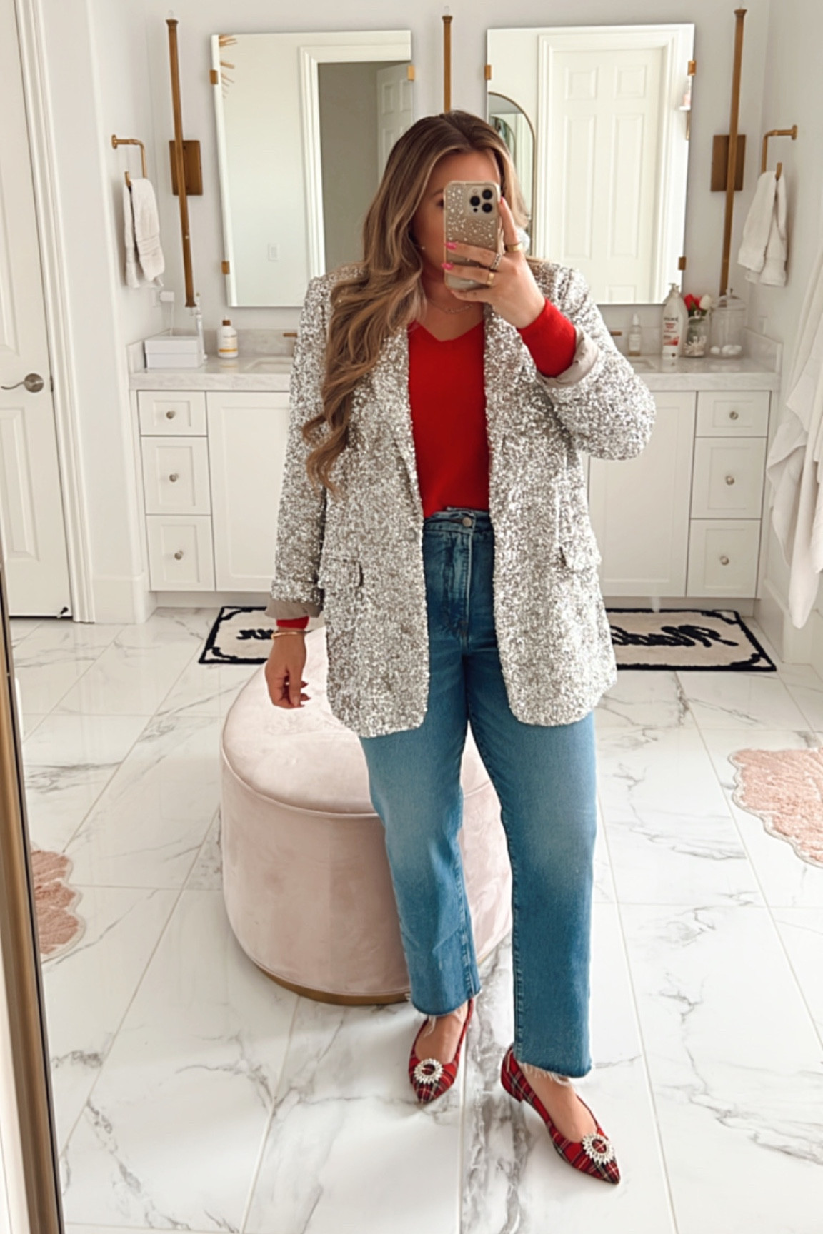 curvy festive holiday look! wearing size medium in red cashmere sweater, size xl in sequin blazer {a bit oversized!}, and size 14 in denim 

#LTKcurves #LTKsalealert #LTKHoliday