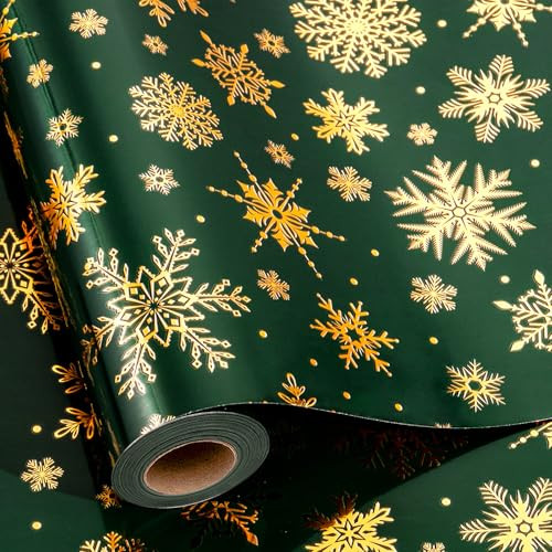 Yarcony Christmas Wrapping Paper Roll, Snowflakes Green Wrapping Paper, Festive Gold and Green Christmas Snowflake Gift Wrap for Holiday Present, Gift Packaging, Party Decor(17 Inch x 33 Feet) | Amazon (US)