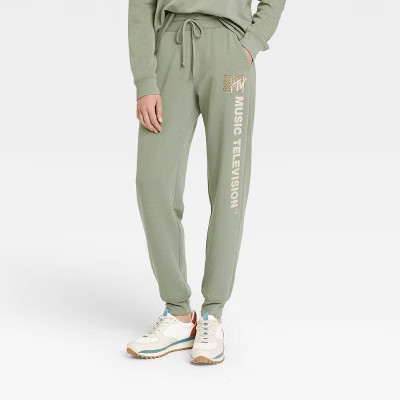 Women's MTV Leopard Print Logo Graphic Jogger Pants - Green | Target