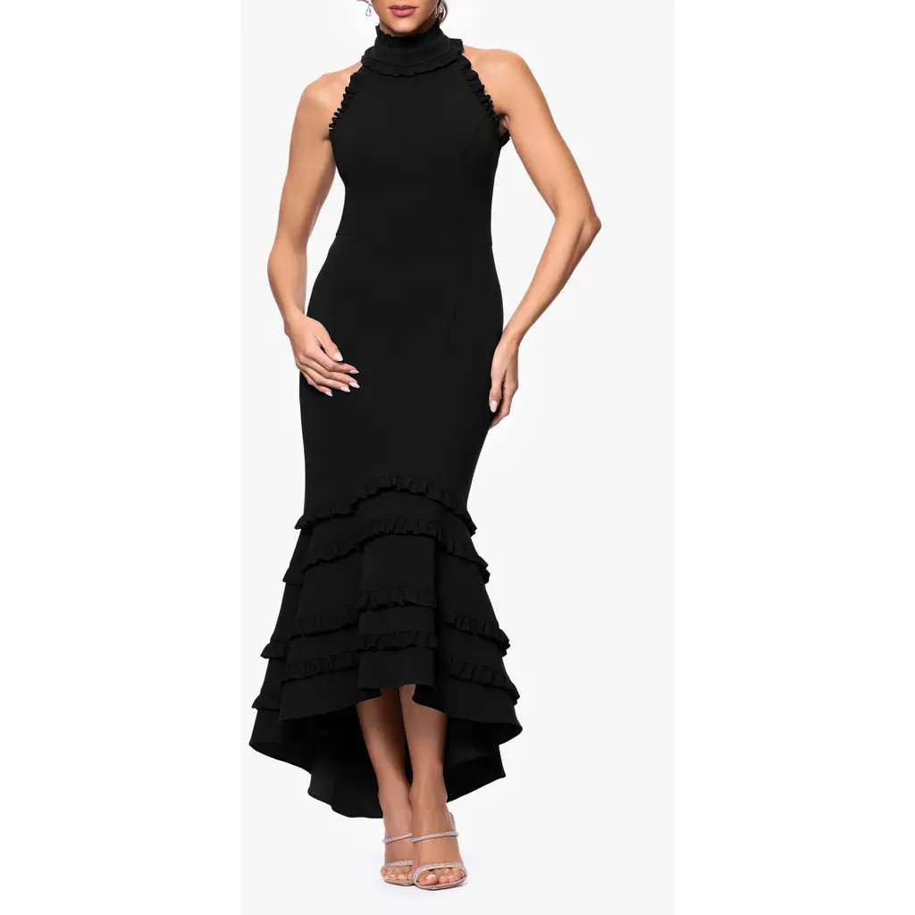 Xscape Evenings Ruffle Detail Open Back High-Low Gown in Black at Nordstrom, Size 6 | Nordstrom