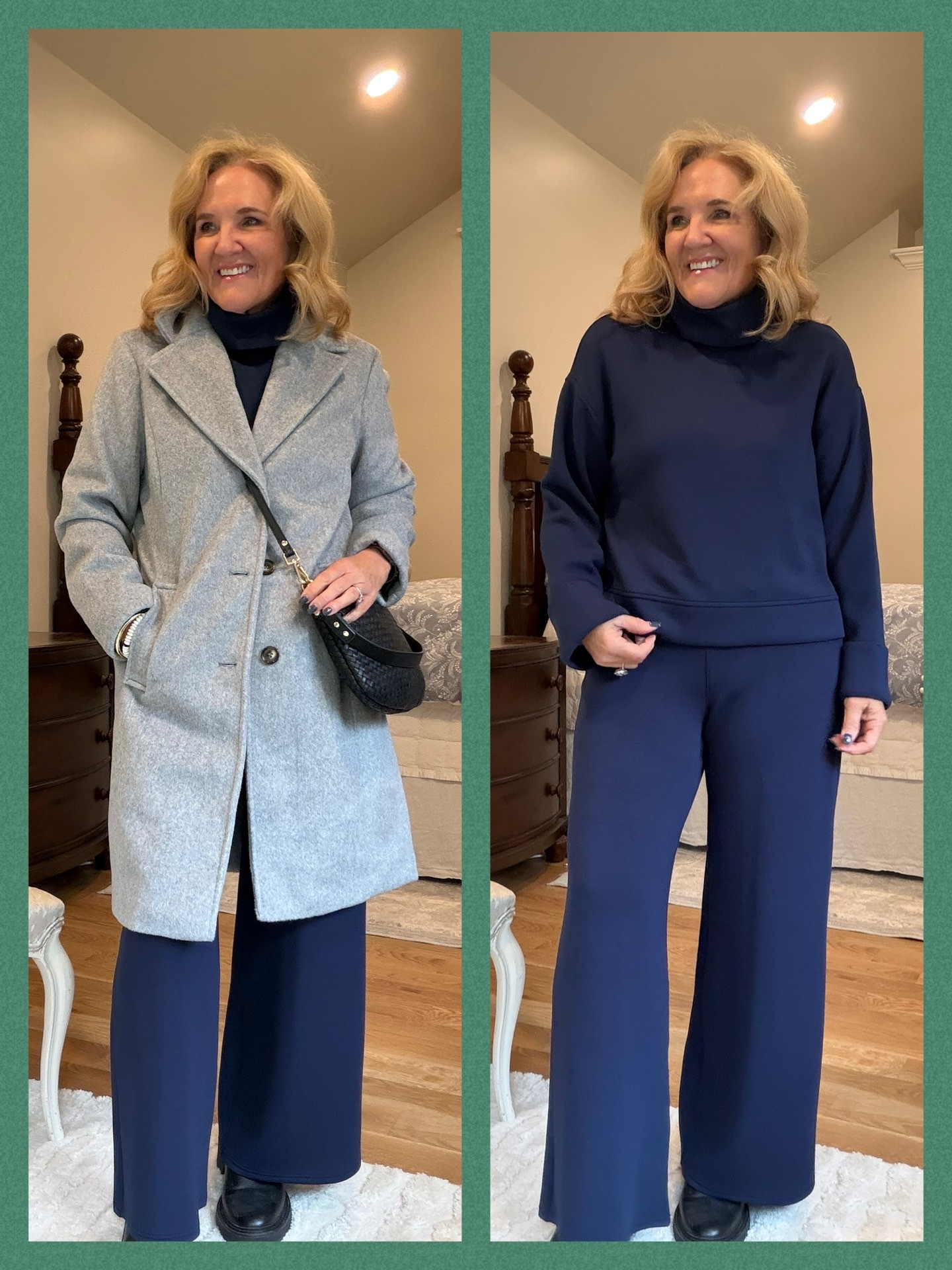 New Spanx air essentials loose fit turtleneck. Comes in several colors including the timeless navy! Wearing size medium.
Spanx wide leg pants medium petite
Add an overcoat for a chic street style. This one is only $50. Wearing a medium.
Pair with a waterproof Chelsea boot size up!
20% off my Allie & Bess jewelry with code NANETTE30 
Quince woven leather crossbody

#LTKHoliday #LTKPetite #LTKOver40