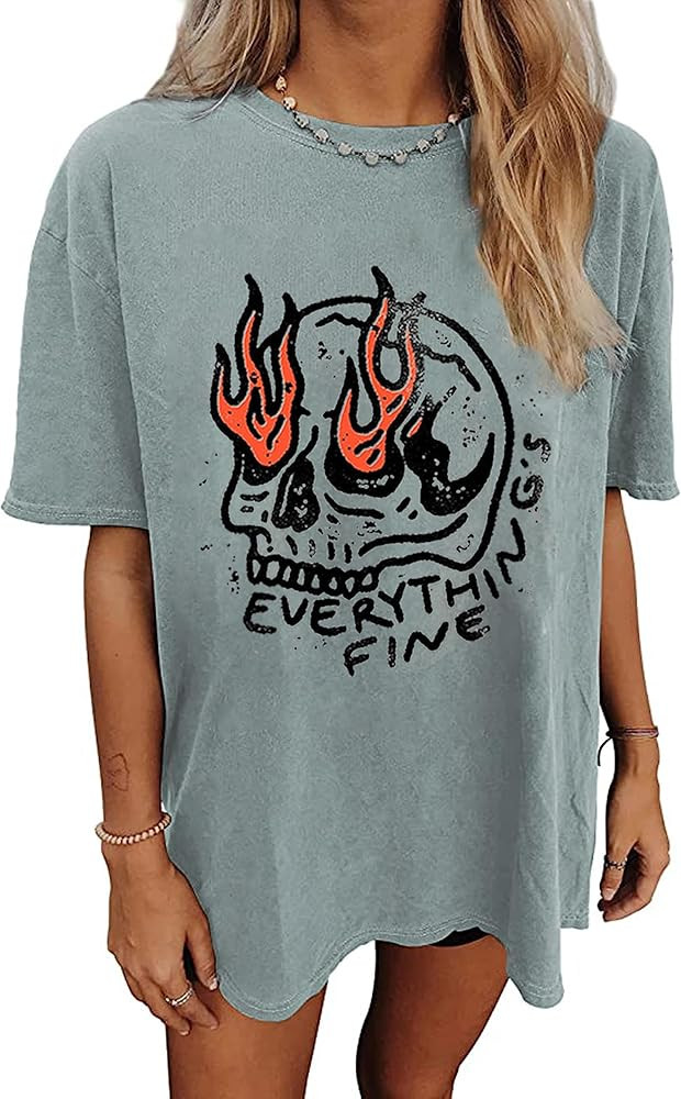 Womens Everything is Fine Skull Shirts Trendy Oversized T Shirt Vintage Skull Graphic Tees Rock H... | Amazon (US)