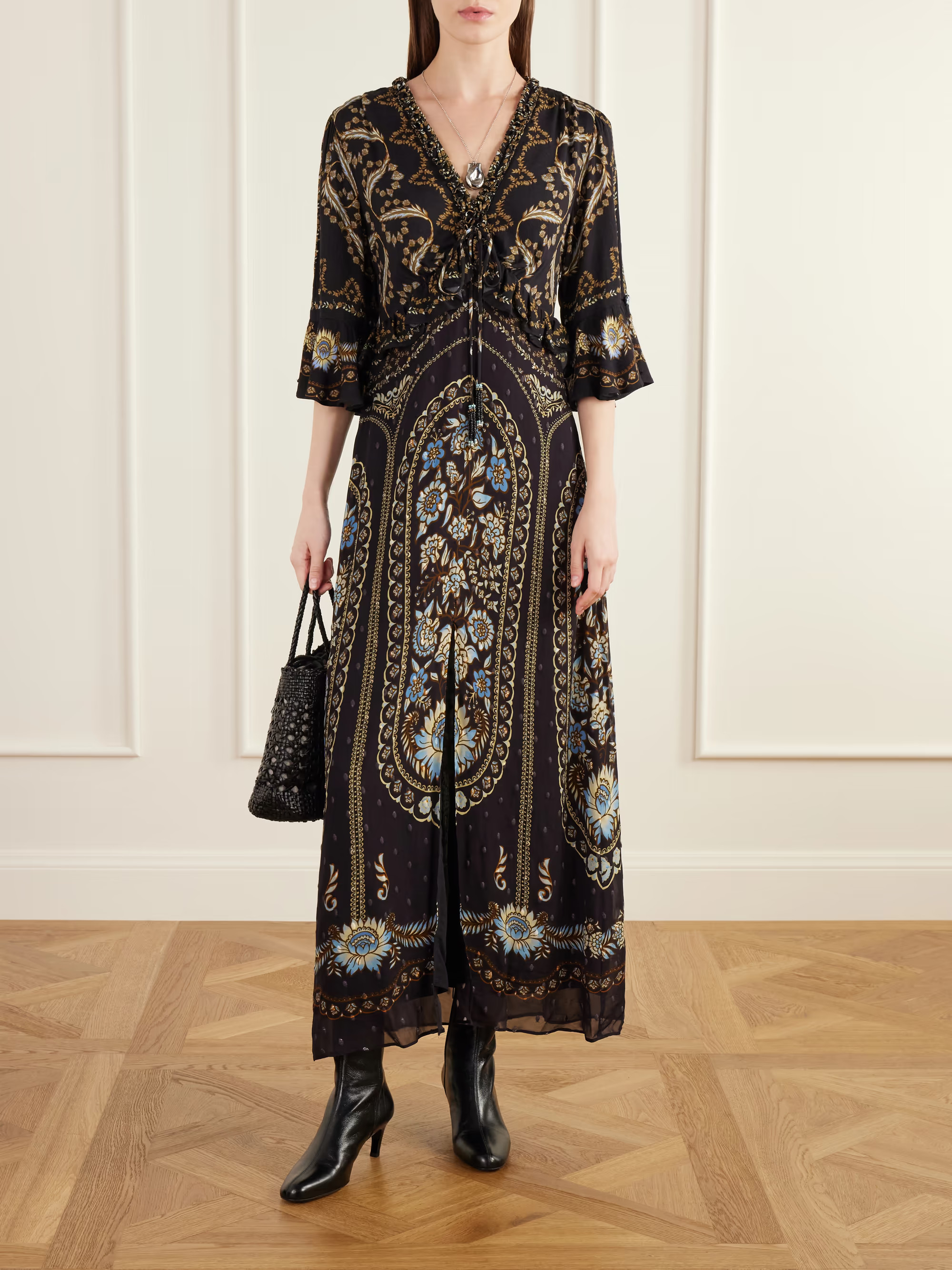 Daniela ruffled printed embroidered crepe maxi dress | NET-A-PORTER (US)