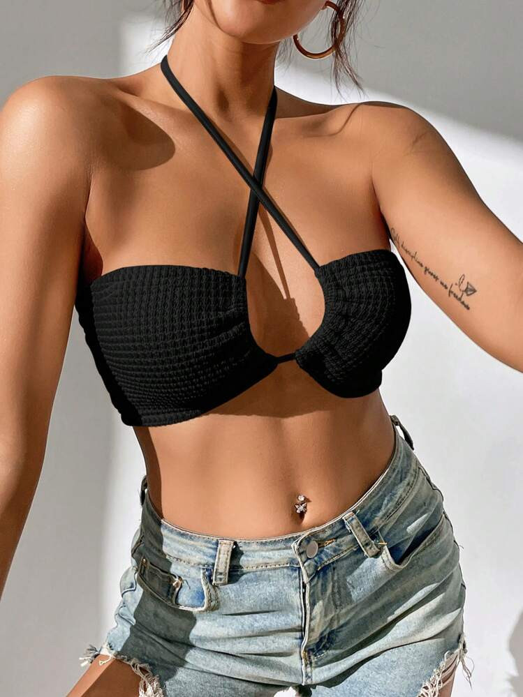 SHEIN PETITE Crisscross Tie Backless Crop Halter Top | SHEIN