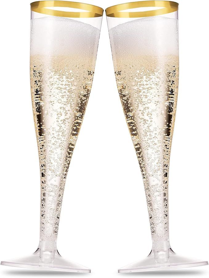 Munfix 50 Pack Gold Rimmed Plastic Champagne Flutes 5 Oz Clear Plastic Toasting Glasses Fancy Dis... | Amazon (US)