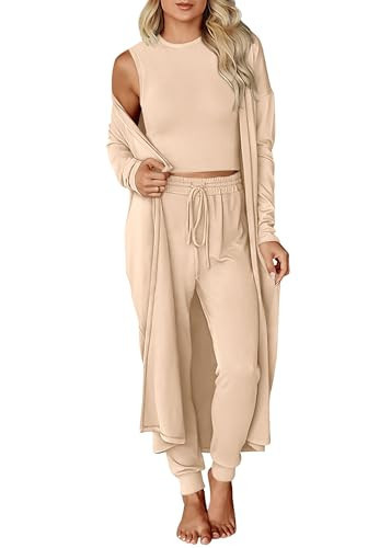 KIRUNDO 3 Piece Lounge Sets for Women Airport Travel Vacation Outfits Spring Cardigan Matching Sleeveless Top Jogger Pants(Beige, X-Large) | Amazon (US)