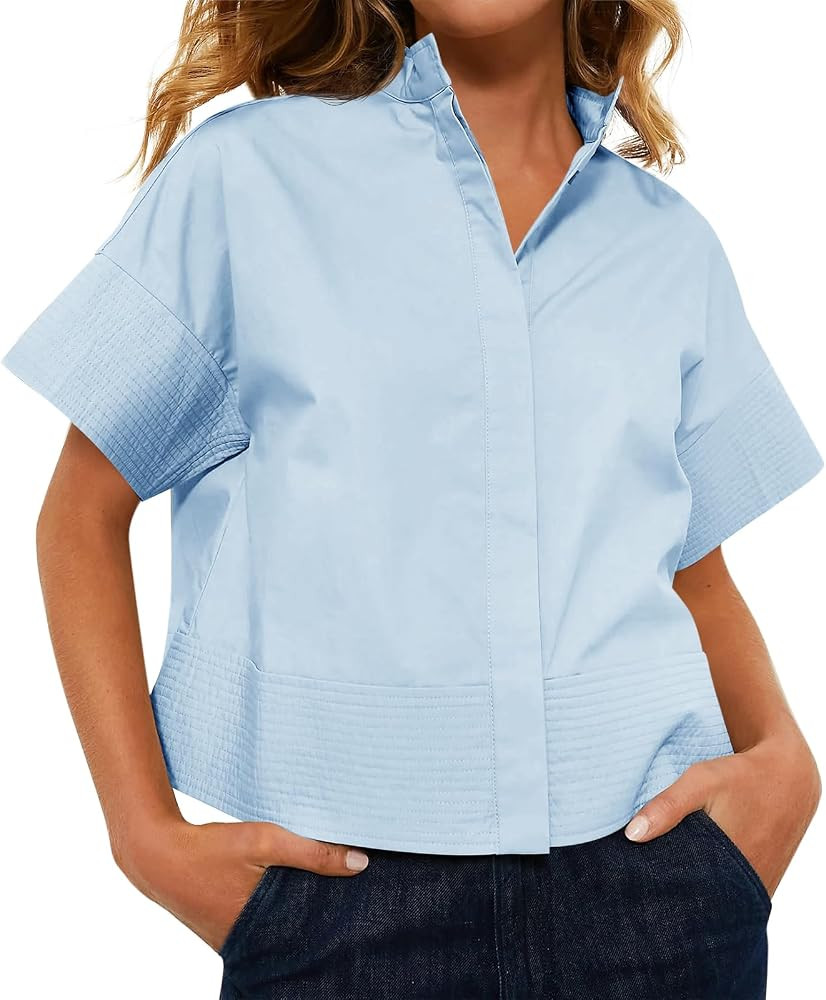 Cicy Bell Womens Cropped Short Sleeve Button Down Shirts Pleated Summer Dressy Casual Blouse Stan... | Amazon (US)