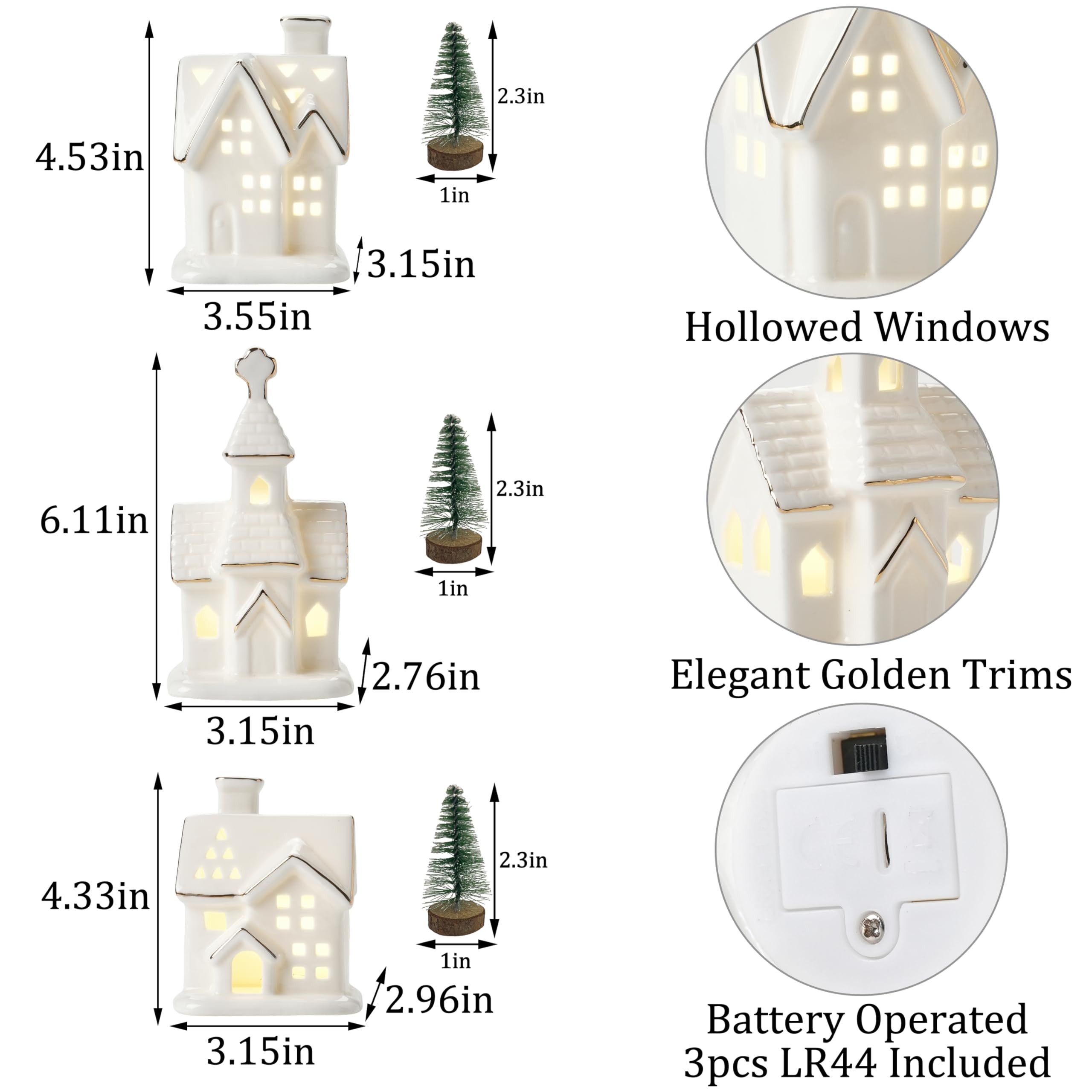 White Christmas Village Houses, 3Pcs Glazed Ceramic Houses with 3Pcs Christmas Trees, Small Light... | Amazon (US)