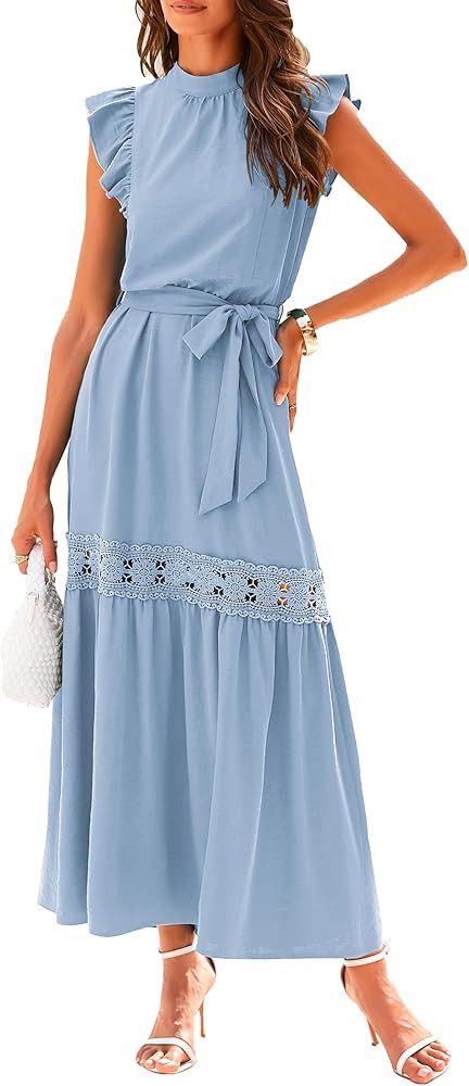 PRETTYGARDEN Women's 2024 Summer Boho Maxi Dress Cap Sleeve Belted Long Flowy Beach Sundress | Amazon (US)