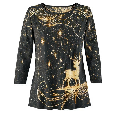 Collections Etc Festive Sparking Reindeer Sequin 3/4 Length Sleeve Top XX-Large Womens Black | Target