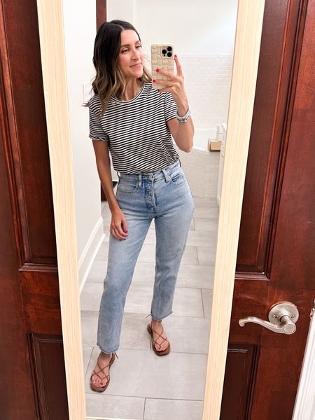 Wearing size XS in Gap tee. 
Jeans are old Old Navy. Linked similar pairs. 
Sandals are so cute and fit TTS  

#LTKshoecrush #LTKunder50 #LTKFind