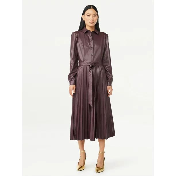Scoop Women's Faux Leather Pleated Midi Dress, Sizes XS-XXL - Walmart.com | Walmart (US)