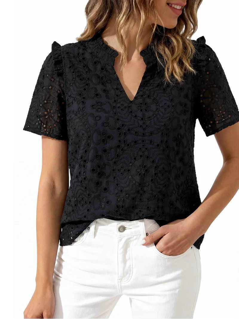 PRETTYGARDEN Women's V Neck Eyelet Short Sleeve Top, Sizes S-XXL | Walmart (US)