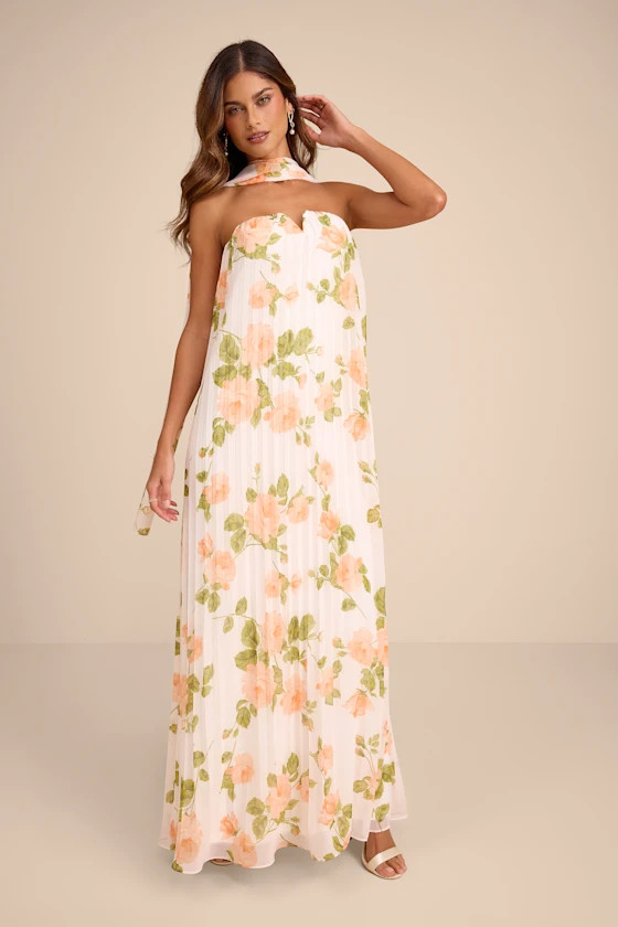 Lael White Floral Pleated Strapless Dress and Scarf Set | Lulus