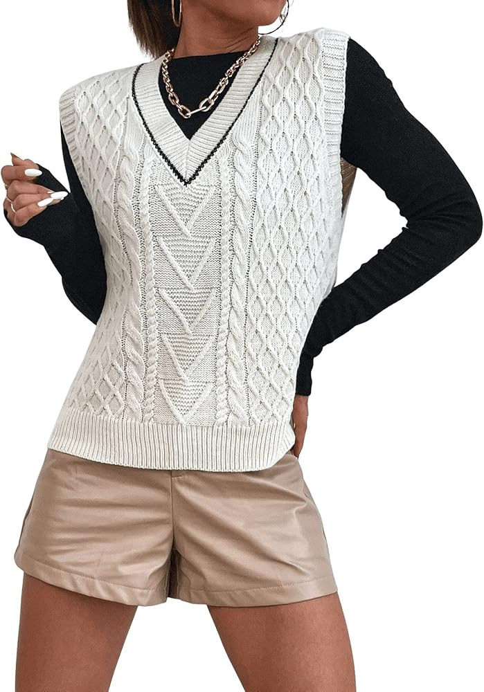 SweatyRocks Women's Plaid Geo Sleeveless V Neck Knit Crop Top Sweater Vest | Amazon (US)