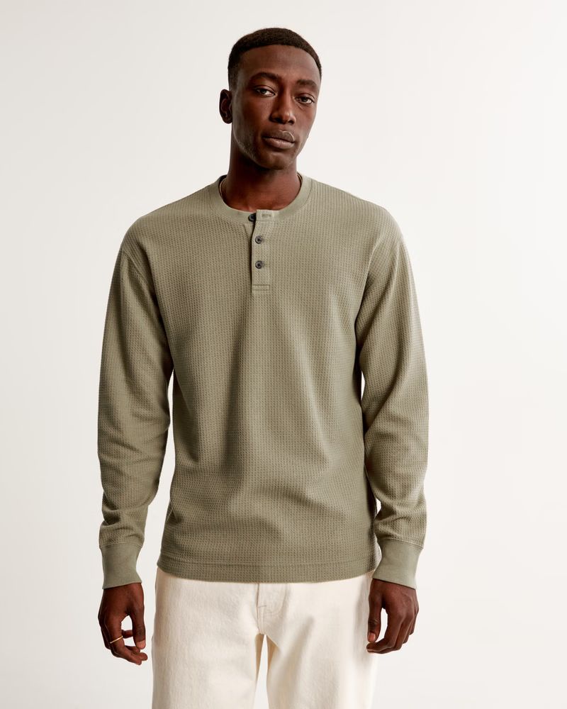 Men's Long-Sleeve Grid Waffle Henley | Men's Tops | Abercrombie.com | Abercrombie & Fitch (US)