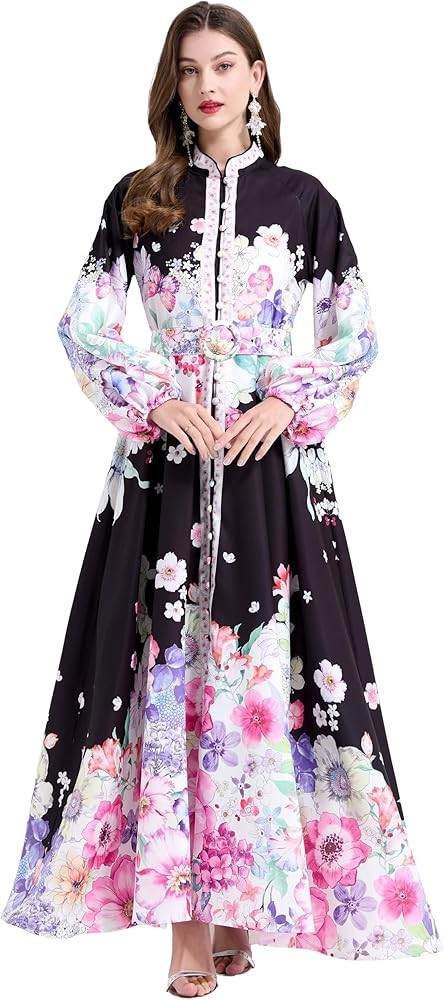 LAI MENG FIVE CATS Women's Floral Print Puff Sleeve Button Up Split Party Flowy Maxi Dress | Amazon (US)