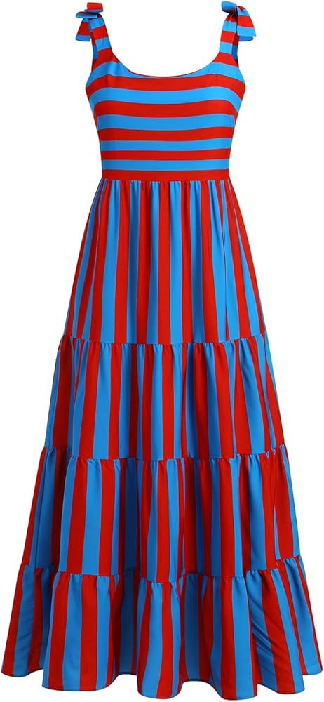 Womens 2024 Summer Sleeveless Spaghetti Strap Long Floral Maxi Dress Boho Flowy Striped Dress A L... | Amazon (US)