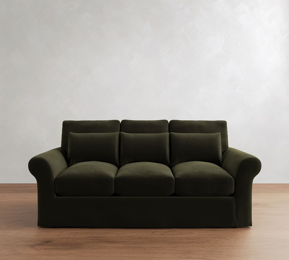 PB Comfort Modern Roll Arm Slipcovered Deep Seat Sofa 82" 3x3, Down Blend Wrapped Cushions, Faux Mohair Velvet Loden | Pottery Barn (US)