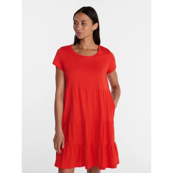 Time and Tru Women's Tiered Cotton Mini Dress with Short Sleeves, Sizes XS-XXXL | Walmart (US)